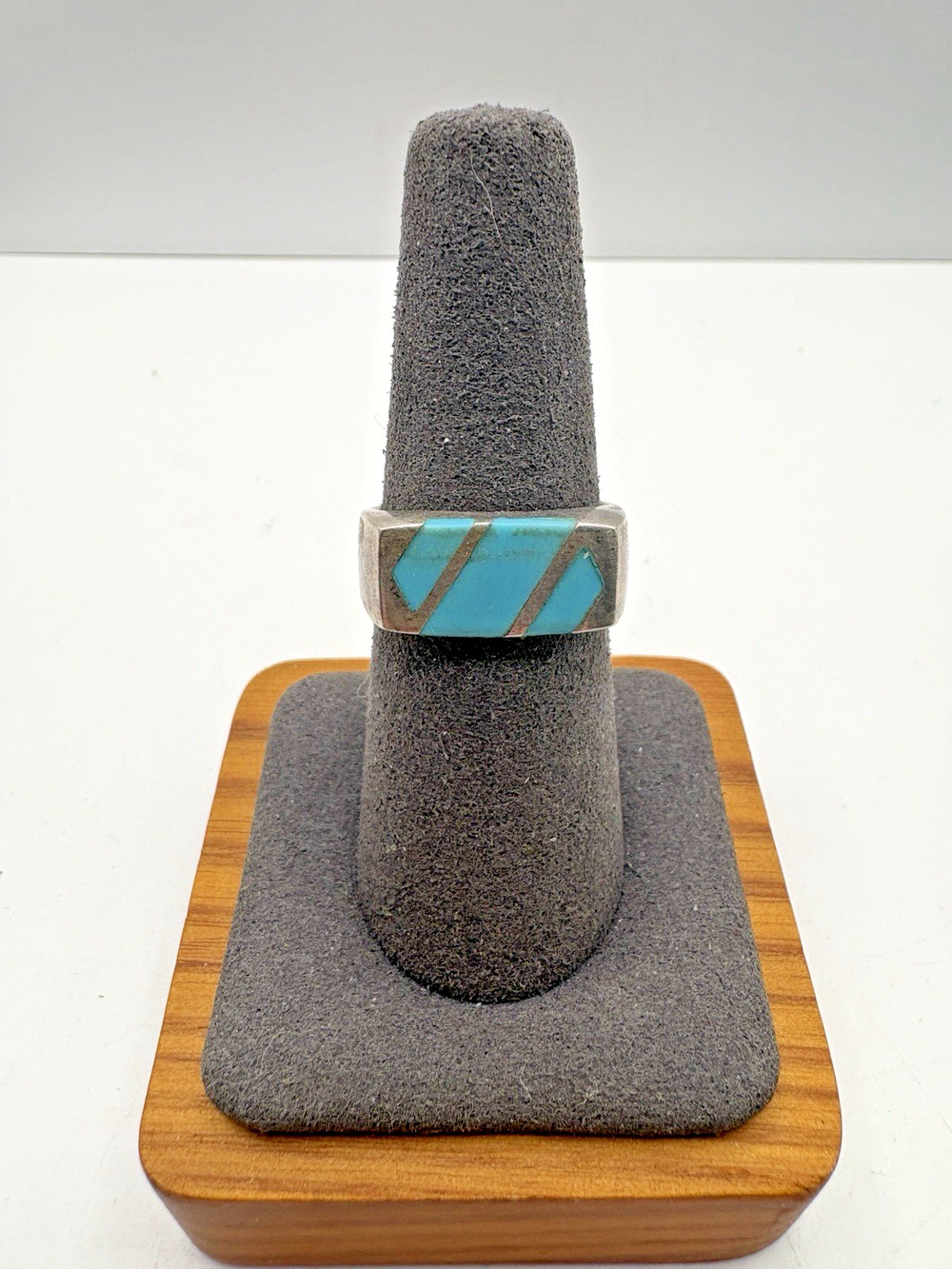 Striped Sterling Silver Signed Turquoise ring 7.5 5.74g Vintage Flush Gypsy Set